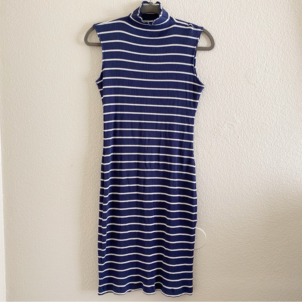 Amour Vert Mock Neck Ribbed Midi Dress Striped